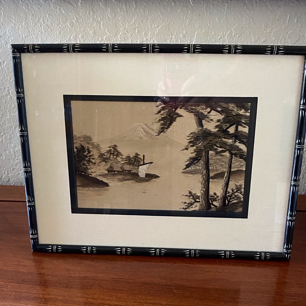 Vintage asian silk embroidered framed artisan artwork.